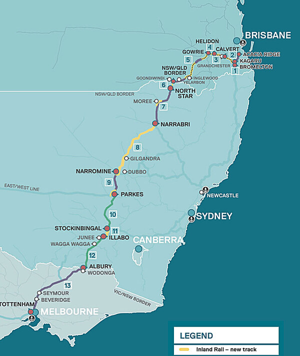 멜번에서 내륙 도시들을 거쳐 브리즈번으로 연결되는 내륙철도(Inland Rail) 연결망