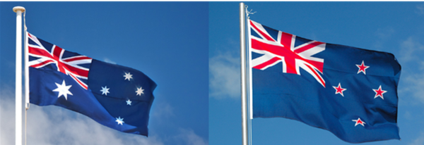비슷하면서도 다른 호주 국기와 뉴질랜드 국기. 차이점은 뉴질랜드 국기안에 남십자성의 별은 4개이며 별 색상이 흰색 줄 안에 빨강색이란 점이다. 호주는 6개 주를 상징하는 6개의 별이 있다. 별의 꼭지점(points)도 뉴질랜드는 5개, 호주는 7개다.