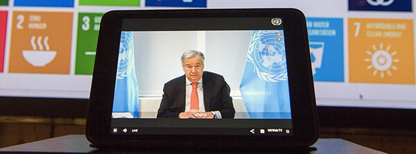 안토니우 구테흐스 UN 사무총장의 화상 회의 연설 모습 (사진출처_ UN Photo/Eskinder Debebe)