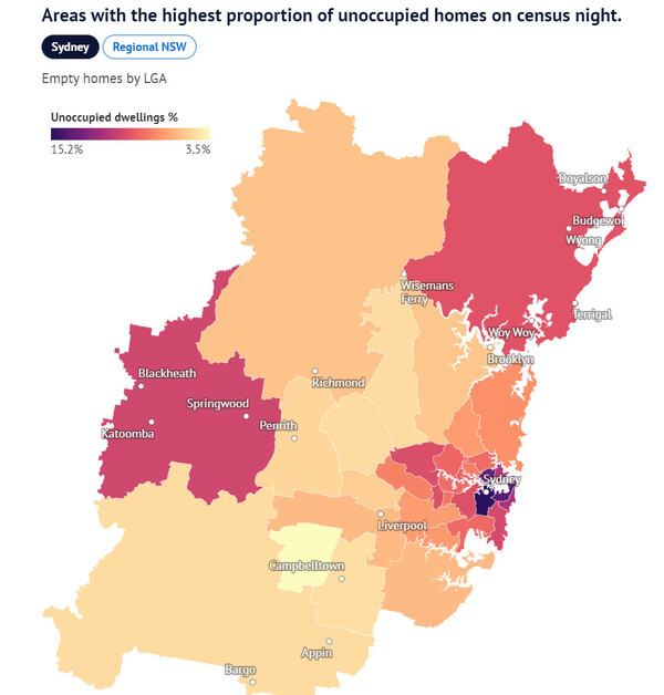 광역 시드니 지역별 빈 집 상태(최저 3.5%에서 최고 15.2%)