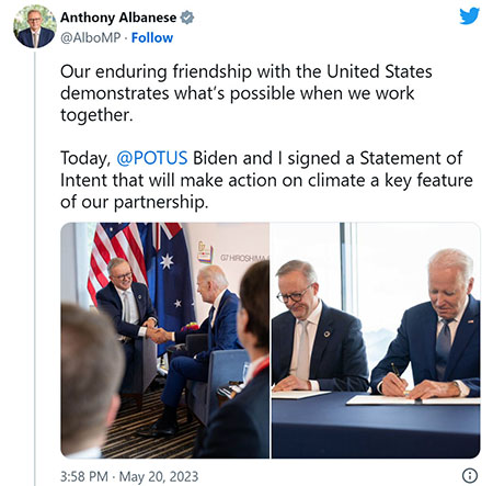 호주-미국 정상회의에 대한 앤소니 알바니지 총리의 트위터