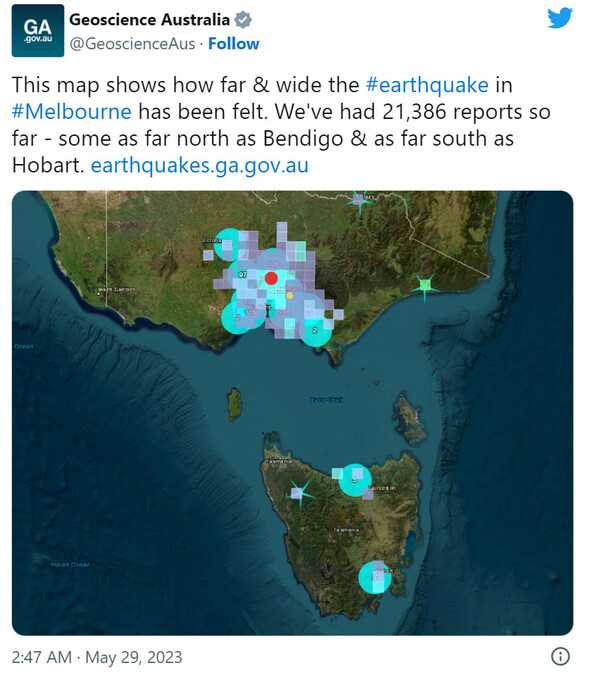 지구과학호주가 28일 밤 멜번 지역 진도 3.8 지진 발생을 트위터(29일 오전 2시47분)에 올렸다.