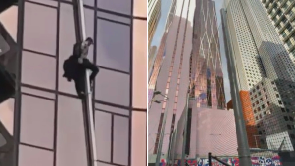 안전장치 없이 60층 건물 외벽을 타고 오르는 남성(사진:나인뉴스)